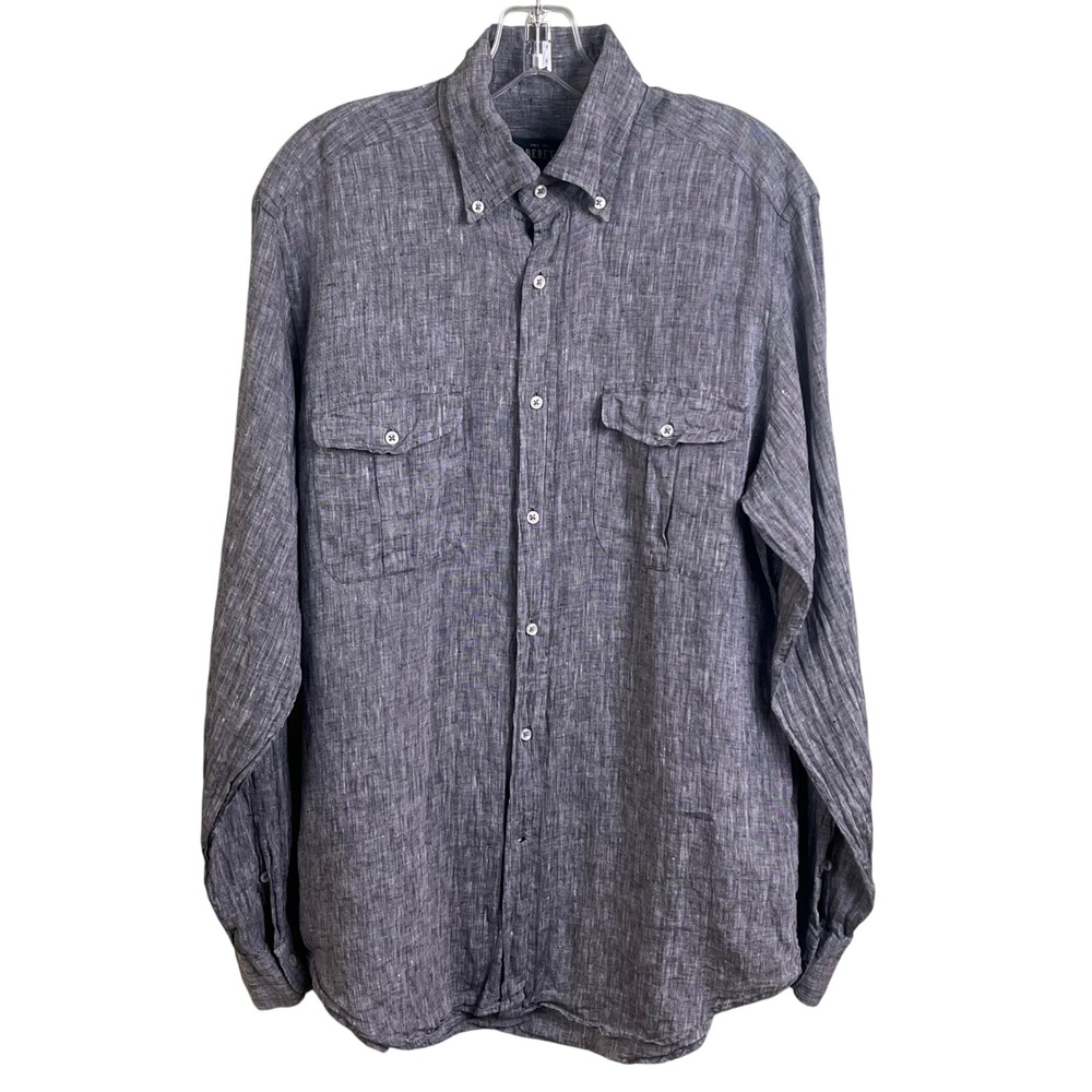Beretta Gray Linen Long Sleeve Button Down Collar Dress Shirt Size 16x34